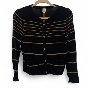 Qi Cashmere Black Tan Striped Cardigan Sweater Size Small